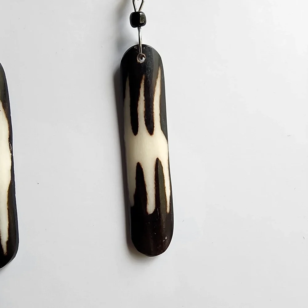 African Batik Polished Bovine Cow Bone Dangle Earrings Handmade Ethnic Jewelry